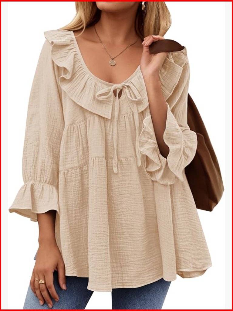 3/4 Sleeve Scoop Neck Tunic Blouse Tie Front Ruffle Tiered Loose Fit